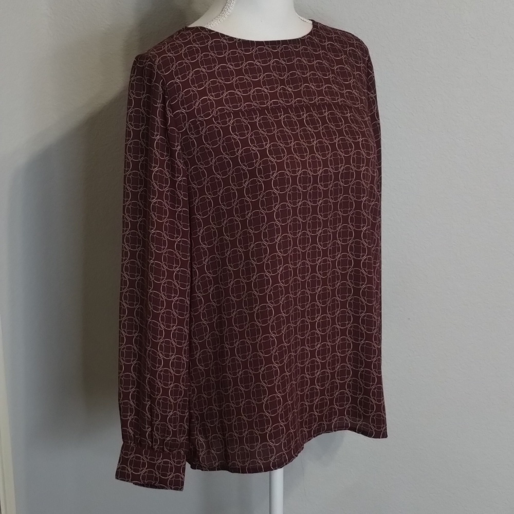 LOFT Blouse Size Small Chain Geometric Circle Print Long Sleeve Maroon - Picture 4 of 11
